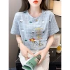 A new trend of white cotton short-sleeved T-shirt for women in 2025 summer, loose embroidered and printed women's T-shirt top details Picture